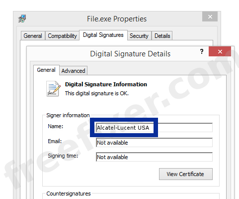 Screenshot of the Alcatel-Lucent USA certificate